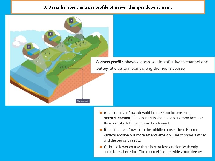 3. Describe how the cross profile of a river changes downstream. 