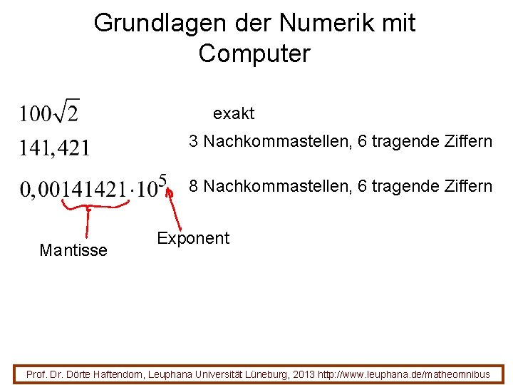 Grundlagen der Numerik mit Computer exakt 3 Nachkommastellen, 6 tragende Ziffern 8 Nachkommastellen, 6