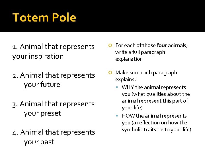 Totem Pole 1. Animal that represents your inspiration For each of those four animals,