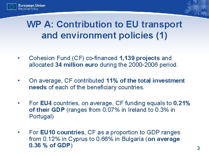 WP A: Contribution to EU transport and environment policies (1) • Cohesion Fund (CF)