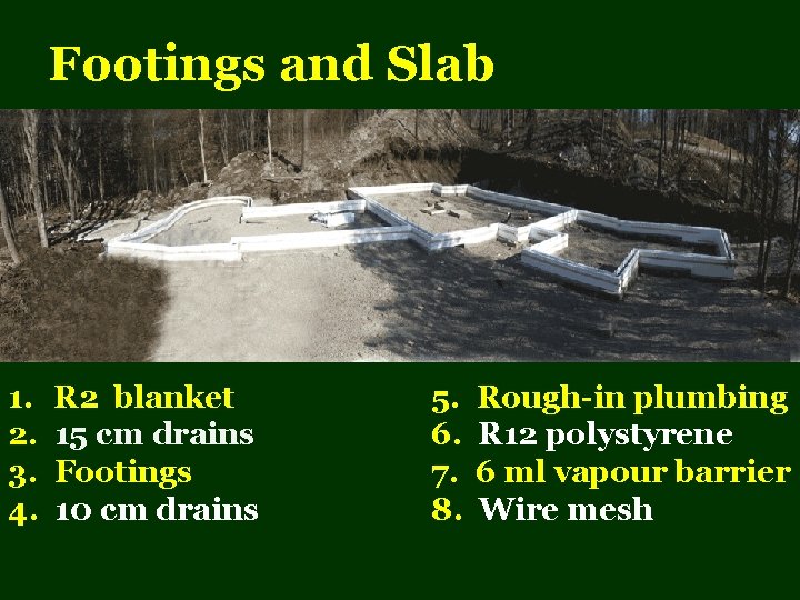 Footings and Slab 1. R 2 blanket 2. 15 cm drains 3. Footings 4.