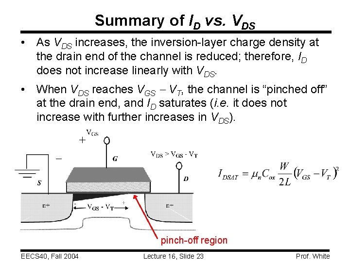 Summary of ID vs. VDS • As VDS increases, the inversion-layer charge density at