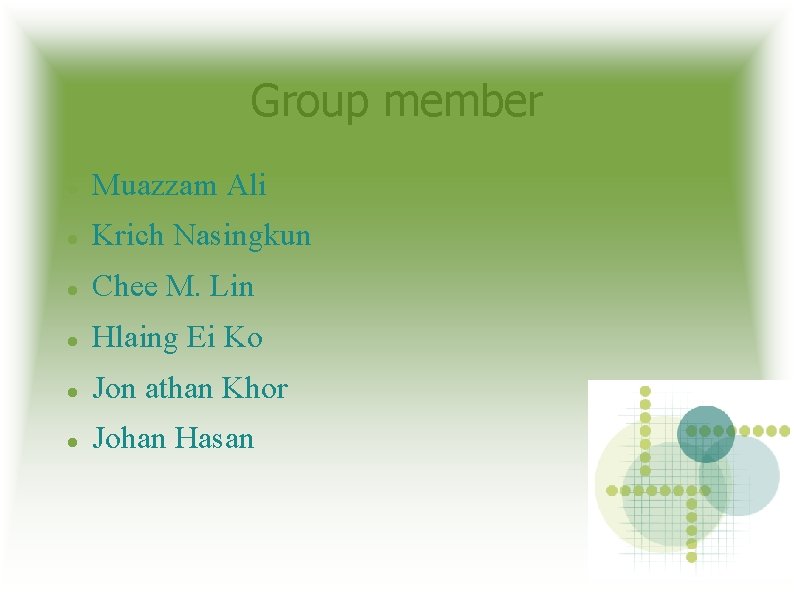 Group member Muazzam Ali Krich Nasingkun Chee M. Lin Hlaing Ei Ko Jon athan