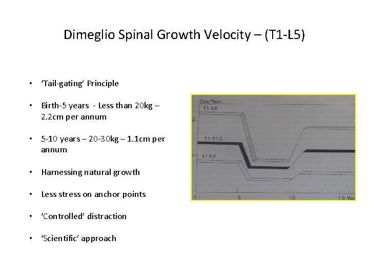 Dimeglio Spinal Growth Velocity – (T 1 -L 5) • ‘Tail-gating’ Principle • Birth-5