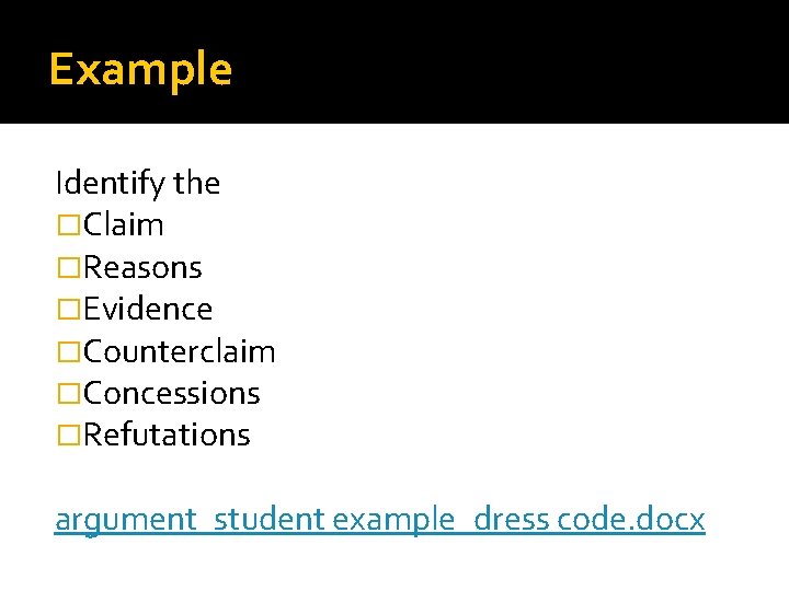 Example Identify the �Claim �Reasons �Evidence �Counterclaim �Concessions �Refutations argument_student example_dress code. docx 