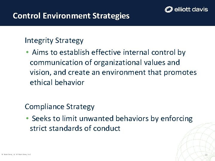 Control Environment Strategies Integrity Strategy • Aims to establish effective internal control by communication Control Environment Strategies Integrity Strategy • Aims to establish effective internal control by communication
