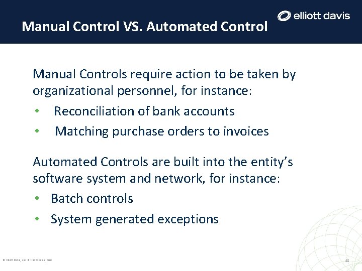 Manual Control VS. Automated Control Manual Controls require action to be taken by organizational Manual Control VS. Automated Control Manual Controls require action to be taken by organizational