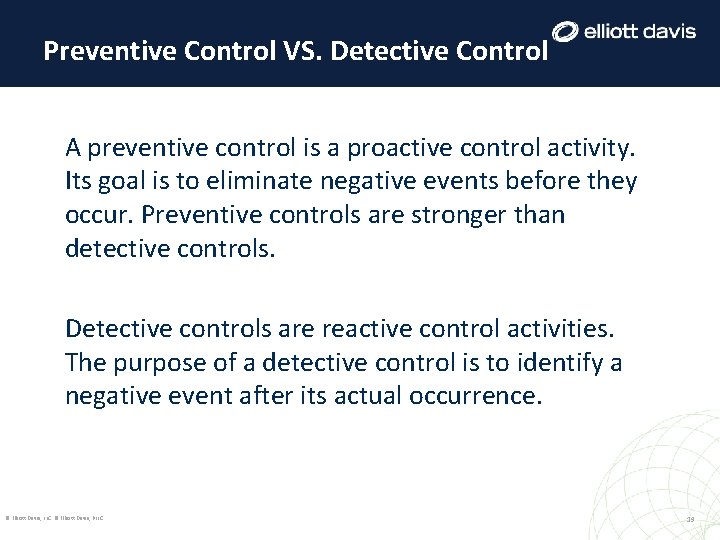 Preventive Control VS. Detective Control A preventive control is a proactive control activity. Its Preventive Control VS. Detective Control A preventive control is a proactive control activity. Its