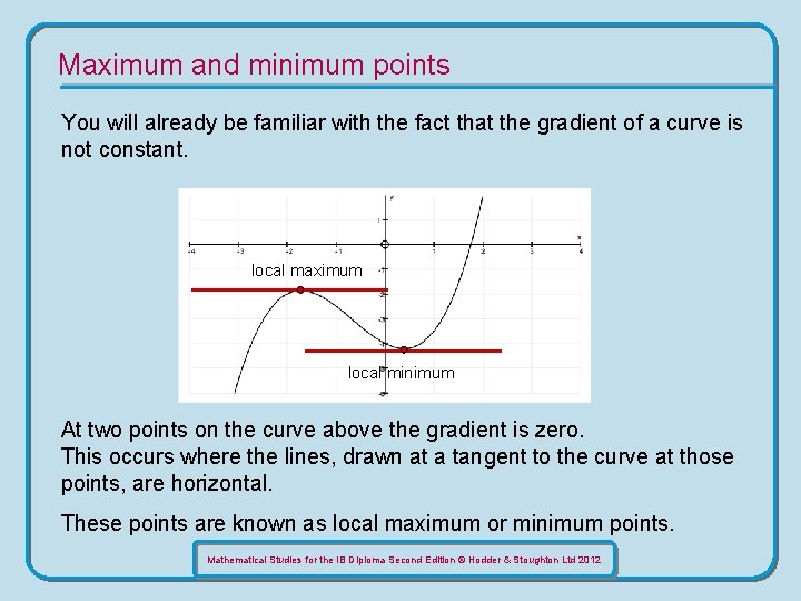 Maximum and minimum points You will already be familiar with the fact that the