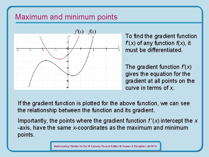 Maximum and minimum points f′(x) f(x) To find the gradient function f ′(x) of