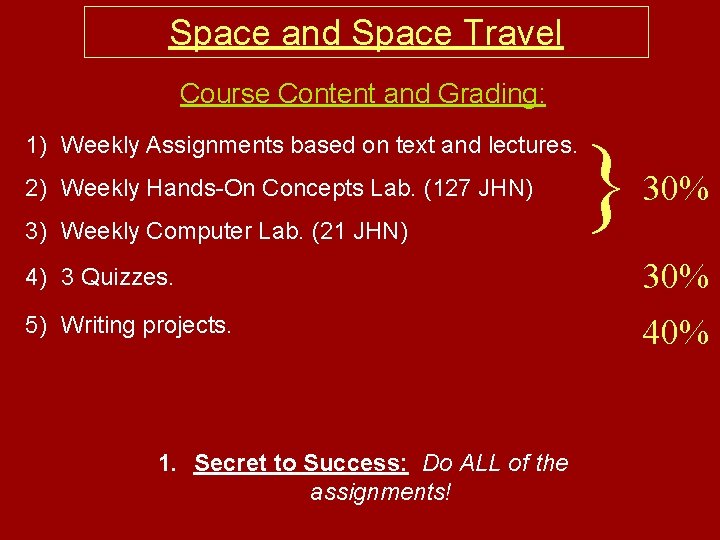 Space and Space Travel Course Content and Grading: 1) Weekly Assignments based on text
