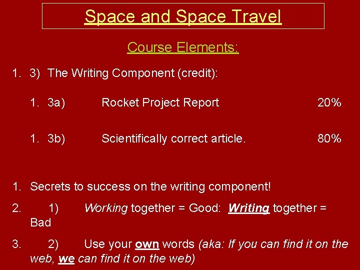 Space and Space Travel Course Elements: 1. 3) The Writing Component (credit): 1. 3