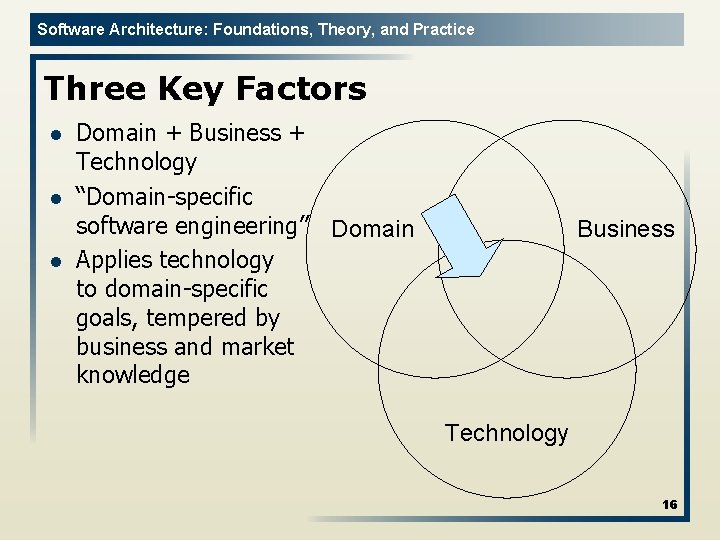 Software Architecture: Foundations, Theory, and Practice Three Key Factors l l l Domain +