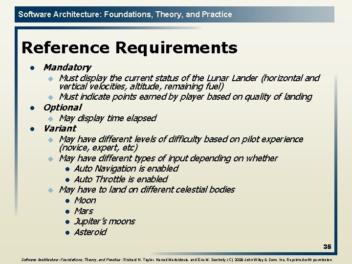 Software Architecture: Foundations, Theory, and Practice Reference Requirements l l l Mandatory u Must
