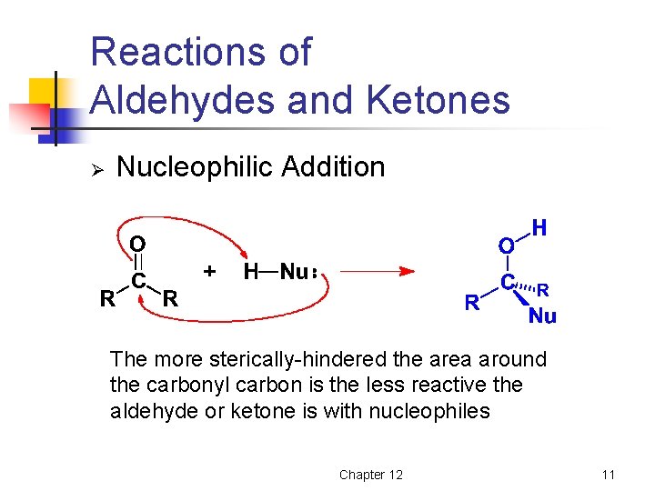 Reactions of Aldehydes and Ketones Ø Nucleophilic Addition The more sterically-hindered the area around