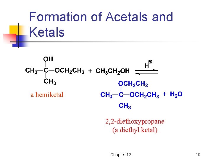 Formation of Acetals and Ketals a hemiketal 2, 2 -diethoxypropane (a diethyl ketal) Chapter