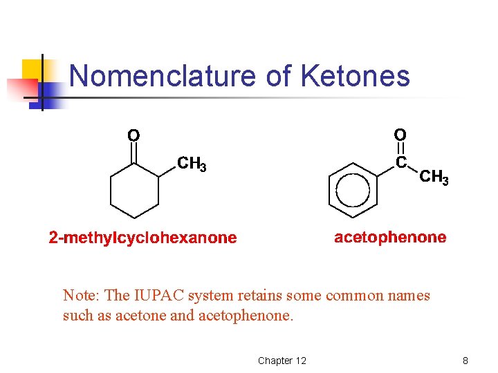 Nomenclature of Ketones Note: The IUPAC system retains some common names such as acetone