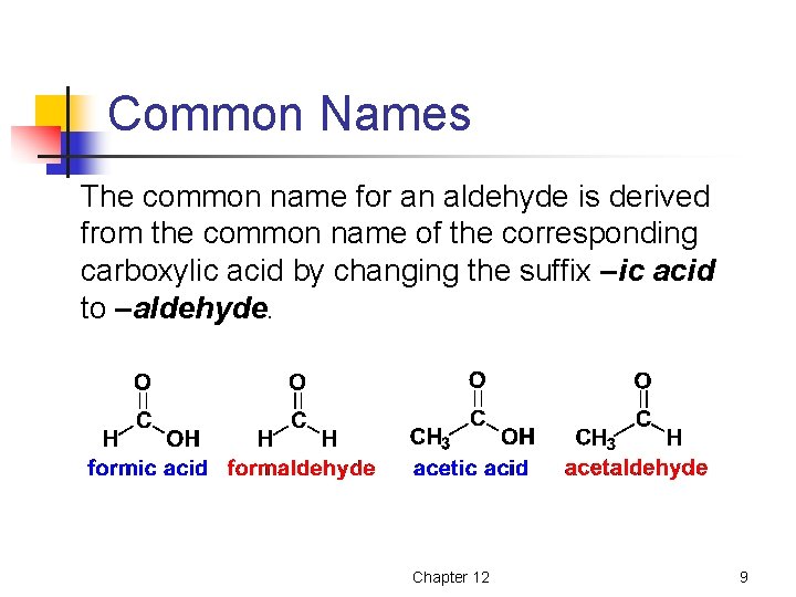 Common Names The common name for an aldehyde is derived from the common name