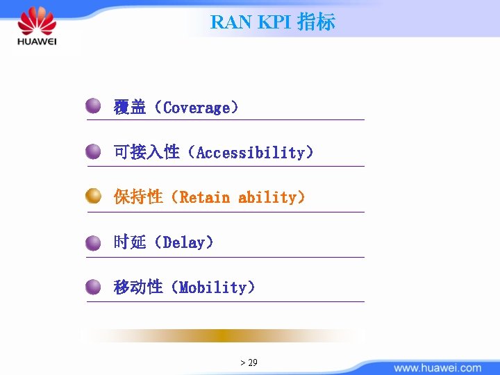 RAN KPI 指标 覆盖（Coverage） 可接入性（Accessibility） 保持性（Retain ability） 时延（Delay） 移动性（Mobility） > 29 