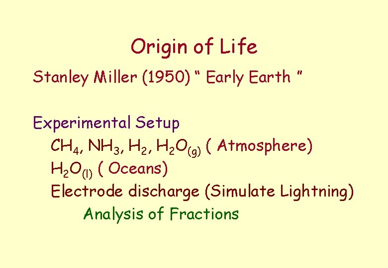 Origin of Life Stanley Miller (1950) “ Early Earth ” Experimental Setup CH 4,