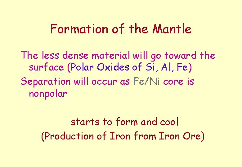 Formation of the Mantle The less dense material will go toward the surface (Polar