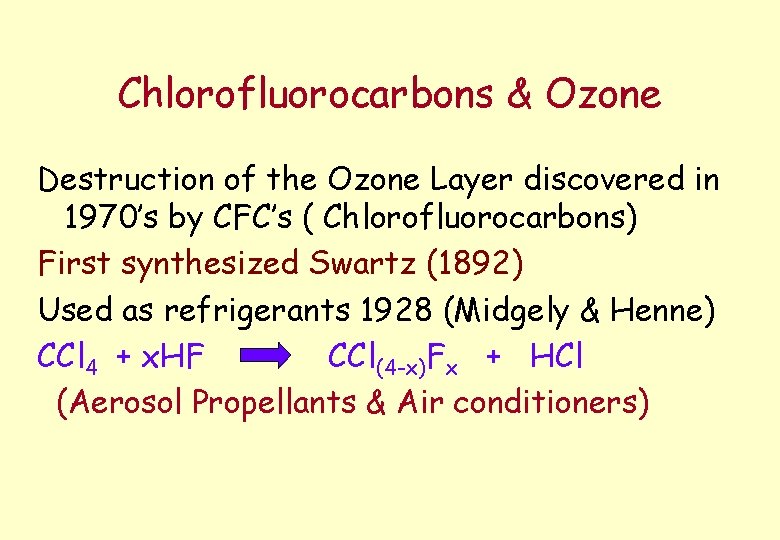 Chlorofluorocarbons & Ozone Destruction of the Ozone Layer discovered in 1970’s by CFC’s (