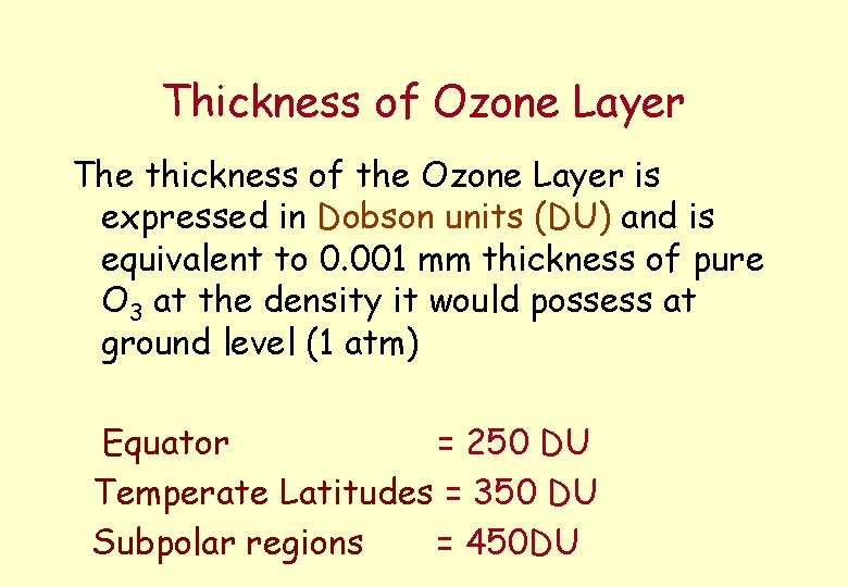 Thickness of Ozone Layer The thickness of the Ozone Layer is expressed in Dobson
