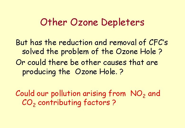 Other Ozone Depleters But has the reduction and removal of CFC’s solved the problem