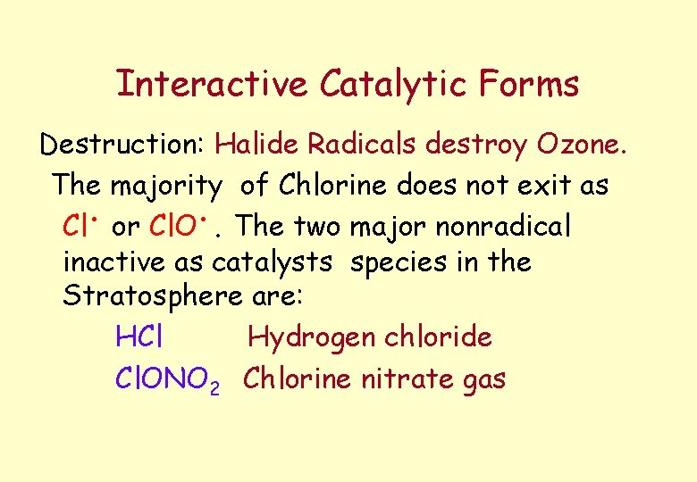 Interactive Catalytic Forms Destruction: Halide Radicals destroy Ozone. The majority of Chlorine does not