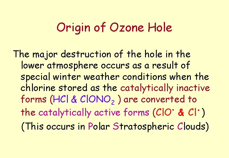 Origin of Ozone Hole The major destruction of the hole in the lower atmosphere