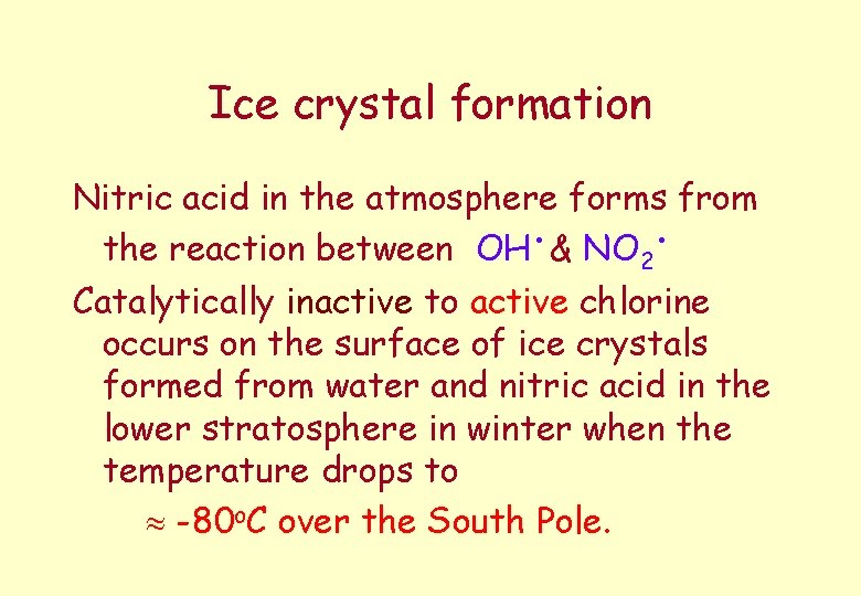 Ice crystal formation Nitric acid in the atmosphere forms from. . the reaction between