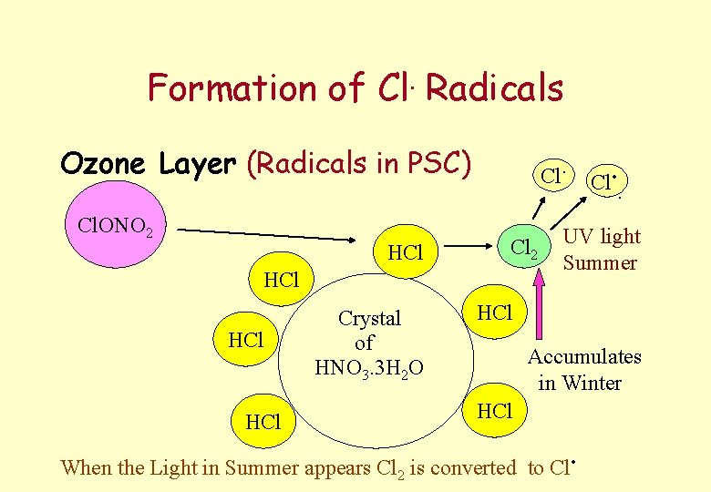 Formation of Cl. Radicals Ozone Layer (Radicals in PSC) Cl. ONO 2 HCl Cl.