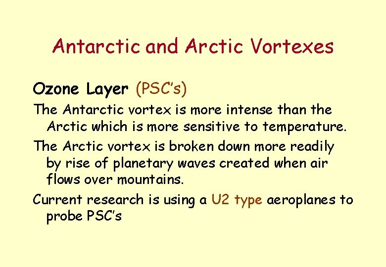 Antarctic and Arctic Vortexes Ozone Layer (PSC’s) The Antarctic vortex is more intense than