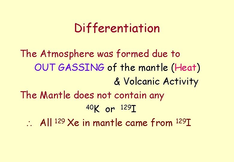 Differentiation The Atmosphere was formed due to OUT GASSING of the mantle (Heat) &