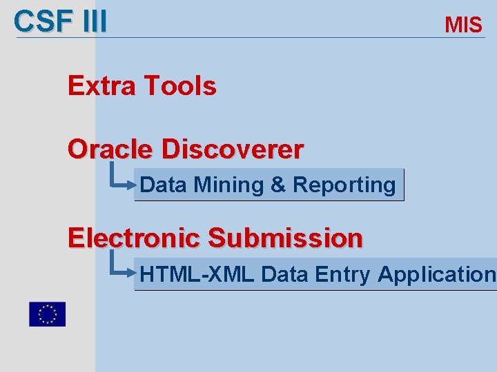 CSF III MIS Extra Tools Oracle Discoverer Data Mining & Reporting Electronic Submission HTML-XML