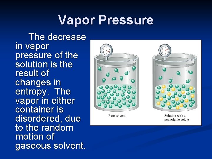 Vapor Pressure The decrease in vapor pressure of the solution is the result of