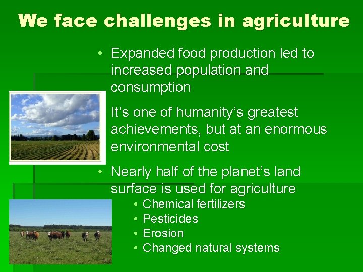 We face challenges in agriculture • Expanded food production led to increased population and