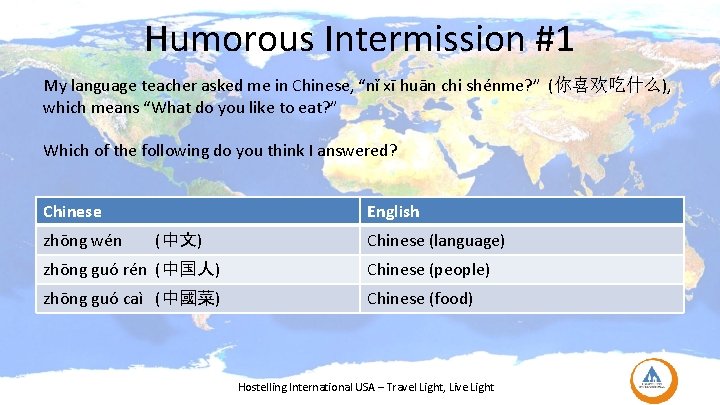 Humorous Intermission #1 My language teacher asked me in Chinese, “nǐ xī huān chi