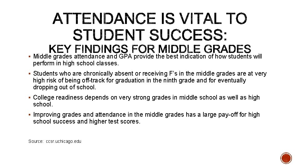 § Middle grades attendance and GPA provide the best indication of how students will