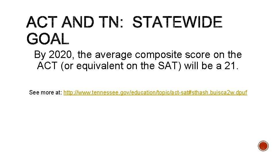 By 2020, the average composite score on the ACT (or equivalent on the SAT)
