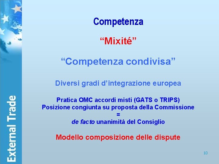 Competenza “Mixité” “Competenza condivisa” Diversi gradi d’integrazione europea Pratica OMC accordi misti (GATS o