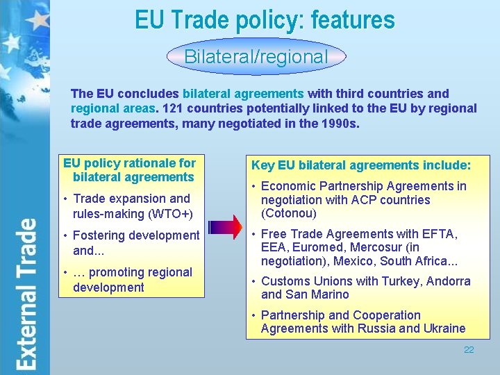 EU Trade policy: features Bilateral/regional The EU concludes bilateral agreements with third countries and