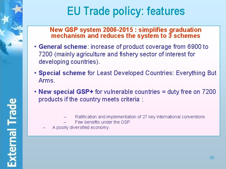 EU Trade policy: features New GSP system 2006 -2015 : simplifies graduation mechanism and