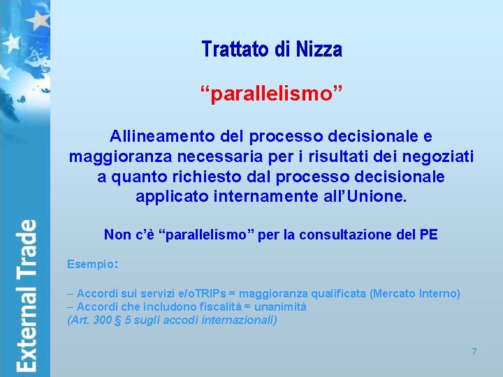 Trattato di Nizza “parallelismo” Allineamento del processo decisionale e maggioranza necessaria per i risultati