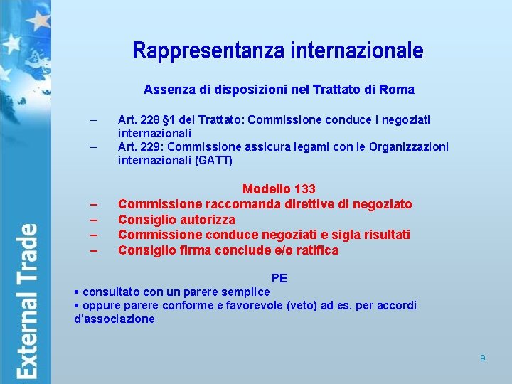 Rappresentanza internazionale Assenza di disposizioni nel Trattato di Roma – – – Art. 228