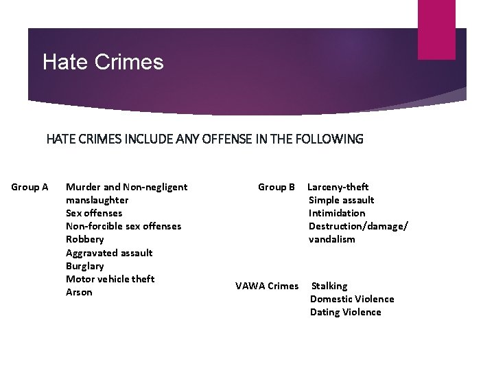 Hate Crimes HATE CRIMES INCLUDE ANY OFFENSE IN THE FOLLOWING Group A Murder and