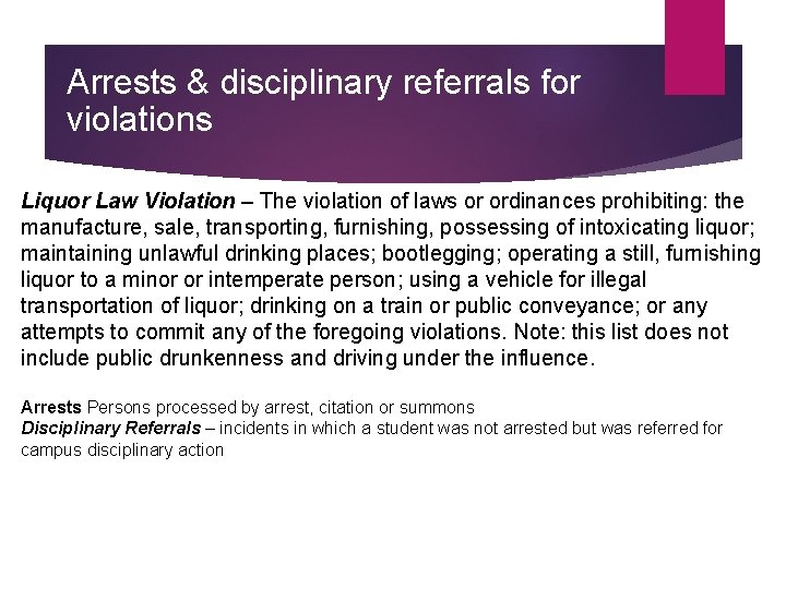Arrests & disciplinary referrals for violations Liquor Law Violation – The violation of laws