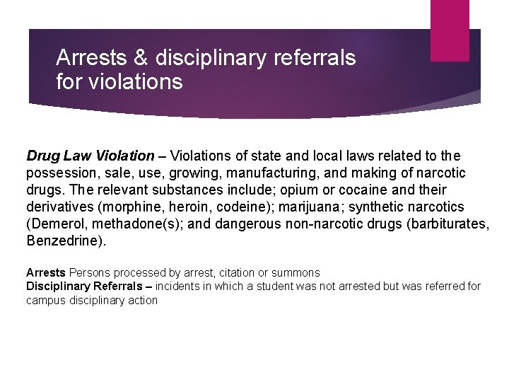 Arrests & disciplinary referrals for violations Drug Law Violation – Violations of state and