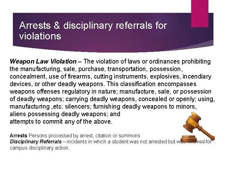 Arrests & disciplinary referrals for violations Weapon Law Violation – The violation of laws