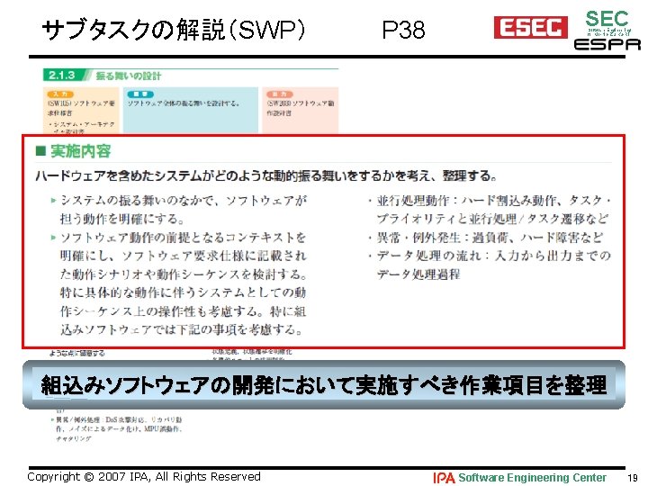 サブタスクの解説（SWP） 　P 38 SEC Software Engineering for Mo･No･Zu･Ku･Ri 組込みソフトウェアの開発において実施すべき作業項目を整理 Copyright © 2007 IPA, All